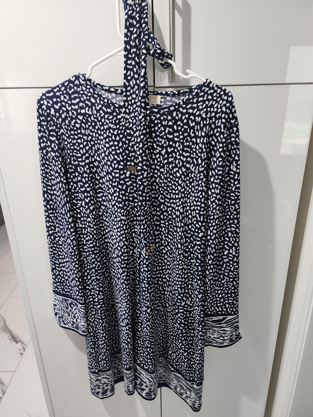 Michael Kors Navy and White Printed Long-Sleeve Tunic Dress